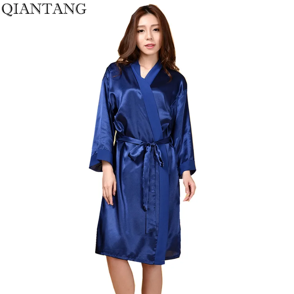 Navy Blue Womens Robe Kimono Bath Gown Faux Silk Nightgown Puls Size
