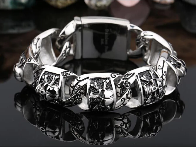 26mm Heavy Punk Rock Cool Gothic Men's Biker Jewelry Skull Skeleton Link Bracelet Vintage 316L Stainless steel Bangle | Украшения и