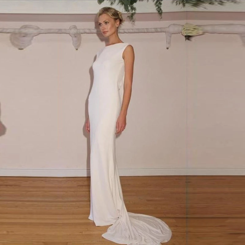 

Cheap Simple White Spandex Wedding Dresses 2015 Sheath Bateau Neckline Sexy Backless Summer Beach Bridal Gowns Custom Made
