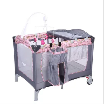 

Diaper Changing Stations Newborn Girl&Boy Bed Cribs Portable Foldable Playpen Crib Child Alloy Double Folding Cot with 2 Wheel