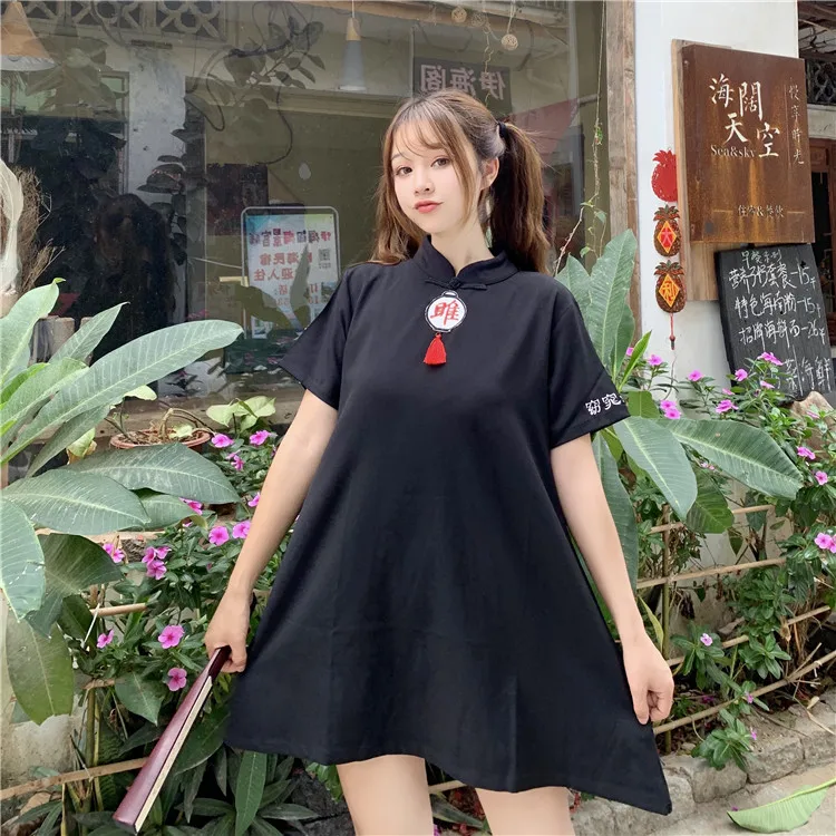 Harajuku китайский стиль пуговицы вышивка кисточки короткий рукав китайский женский халат со стоячим воротником, с цветочным принтом платье винтажные Свободные мини платья