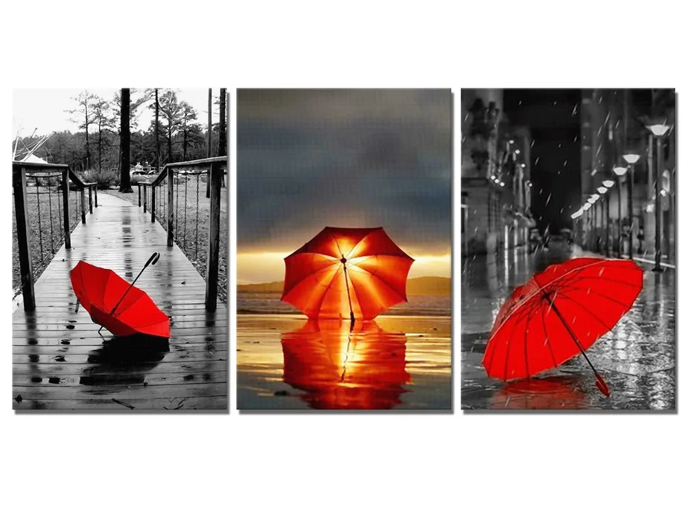 3 Pieces Red Umbrella Theme Posters on Rainy Day Coastline Sunset