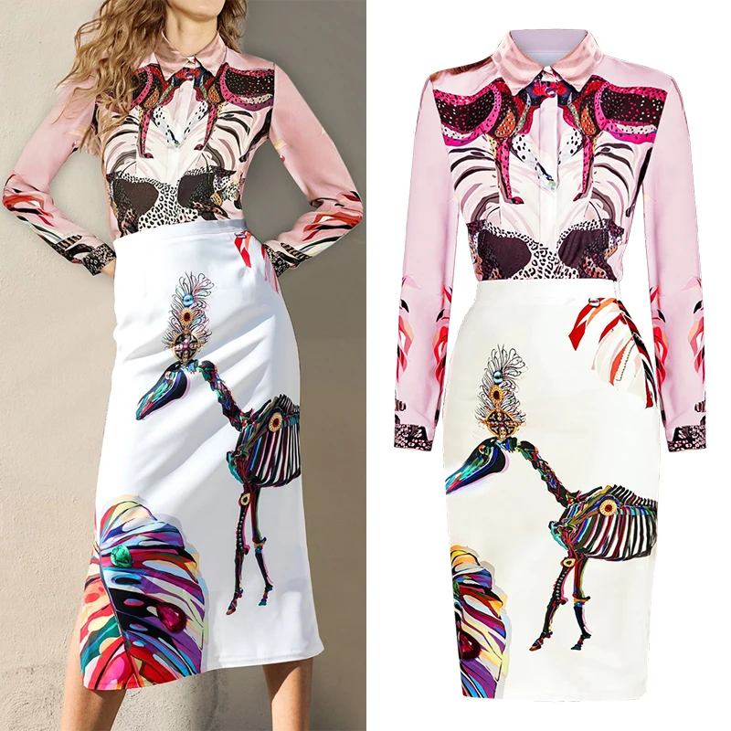 

New Temperament Abstract Printed Suit Women s Style Blouse Button and Half Skirt Two piece Suit for Spring 2019