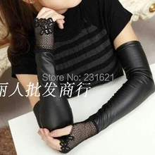 Женские модные длинные перчатки черные кружевные лоскутные перчатки из искусственной кожи сексуальные длинные перчатки без пальцев для вождения теплые перчатки для рук 46 см