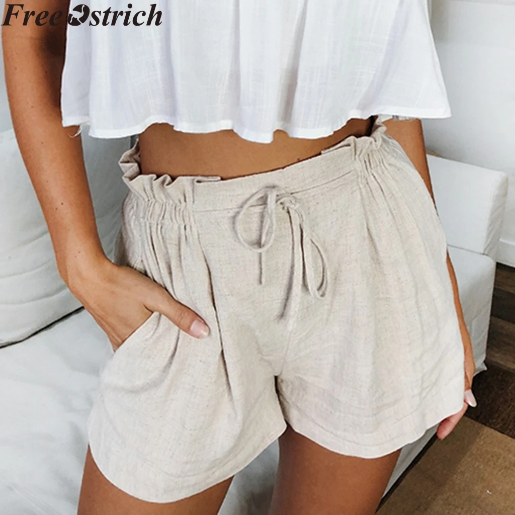 

Summer women drawstring thin shorts running loose high waist linen hot shorts plus size ladies fashion fitness workout shorts