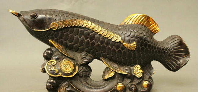 

wholesale factory 16" FengShui Chinese Bronze Gilt YuanBao Coin Wealth RuYi Fish Statue Sculpture