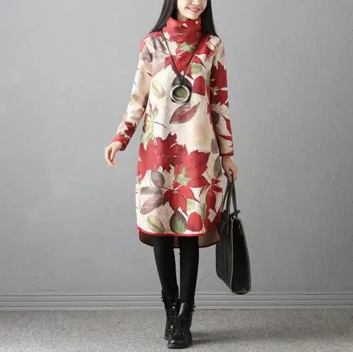 

Fleece Lining Thicken Warm Jumper Dress Women Turtleneck Plus Size Long Sleeve Loose A-Line Tunic Floral Print Pullover Robe M20