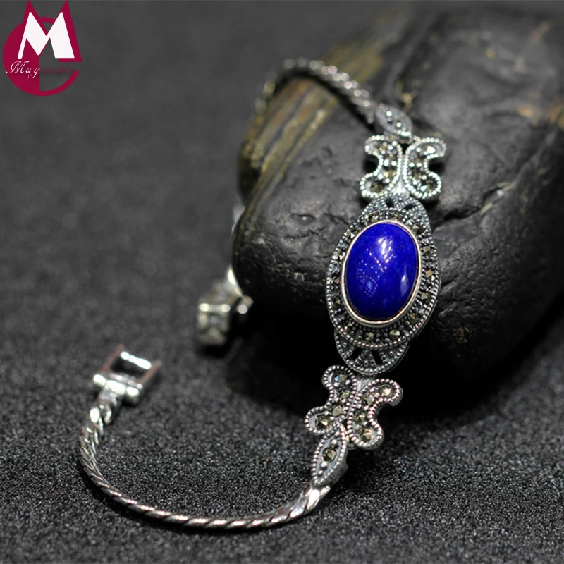 

100% 925 Sterling Silver Bracelets & Bangles For Women Natural Lapis Charms Bracelet Mother Gift Fine Gemstone Jewelry SB19