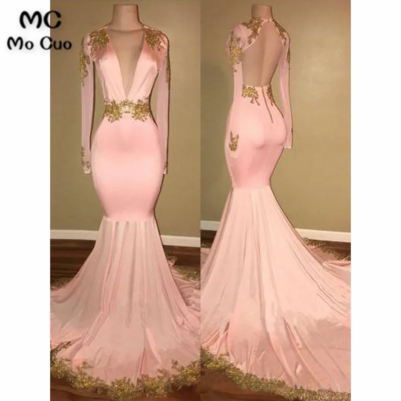 

2019 Mermaid Evening Dresses Long Sleeve Gold Appliques Pageant Prom Dress Shiny Satin Cocktail Party Gown Women Evening Dresses