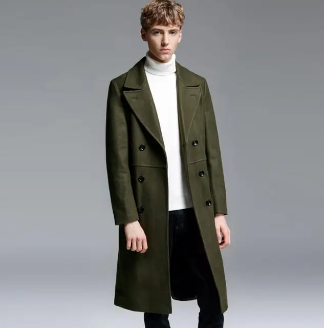 Army green casual long woolen coat men trench coats overcoat mens ...