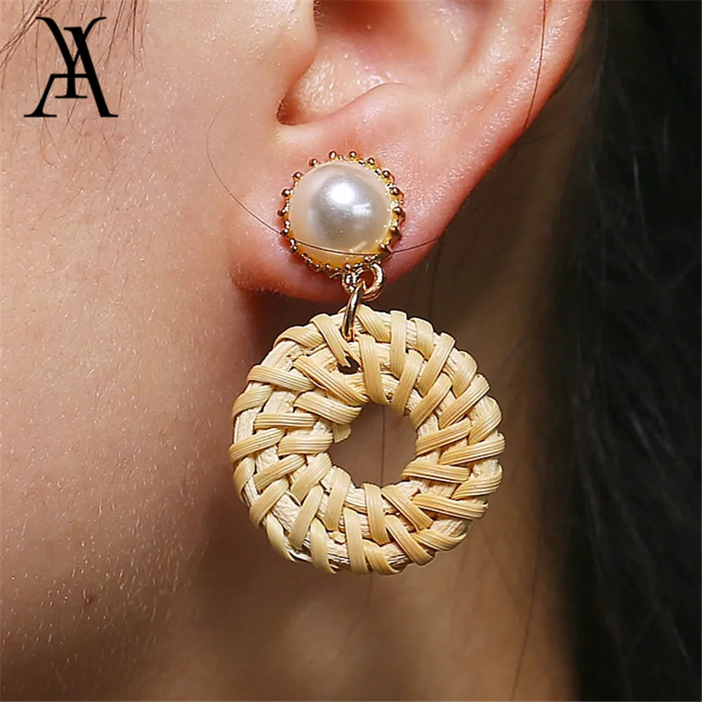 AY Ethnic Beige Rattan Knit Simulated Pearl Dangle Earrings for Women