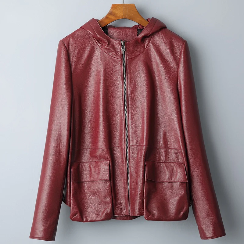 Пальто из коровьей кожи, весна-осень, куртка из натуральной кожи, женская одежда, женская шуба, Корейская винтажная верхняя одежда ZT2355 - Цвет: red