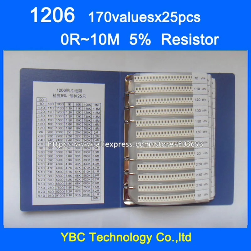 Free shipping 1206 SMD Resistor Sample Book 5 Tolerance 170valuesx25pcs=4250pcs Resistor Kit 0R