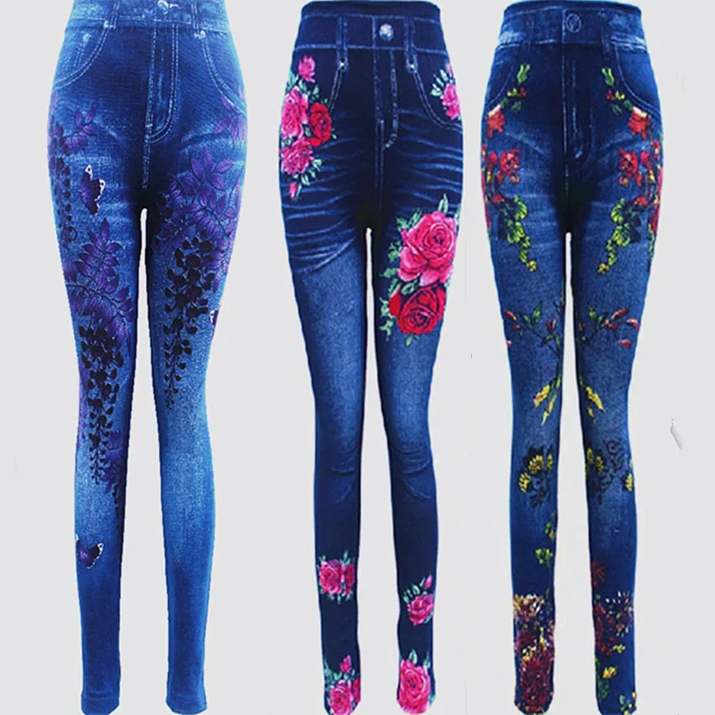 

Fashion Slim Women Leggings Faux Denim Jeans Leggings Sexy Hole Heart Printing Casual Women Clothing Pencil Pants Plus size