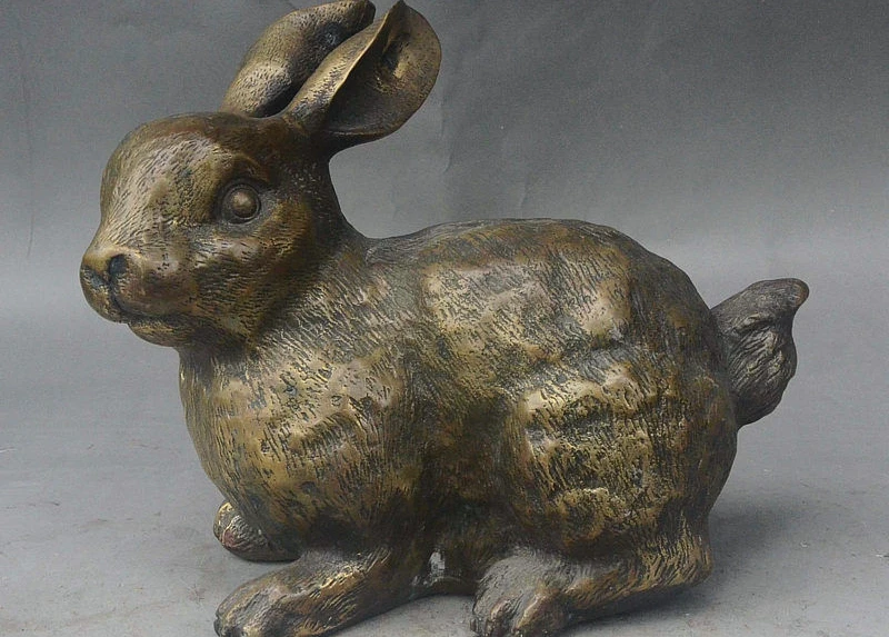 

8" Old China FengShui Royal Bronze Auspicious Wealth Zodiac Lovely Rabbit Statue