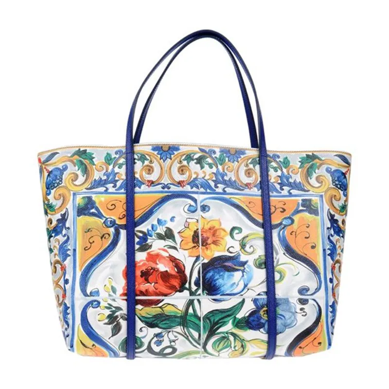 

Famous Designer Flower Print Painted Women Shoulder Bag Super Luxury Tote Bags Ethnic Style Handbag Genuine Leather Shopper Bags