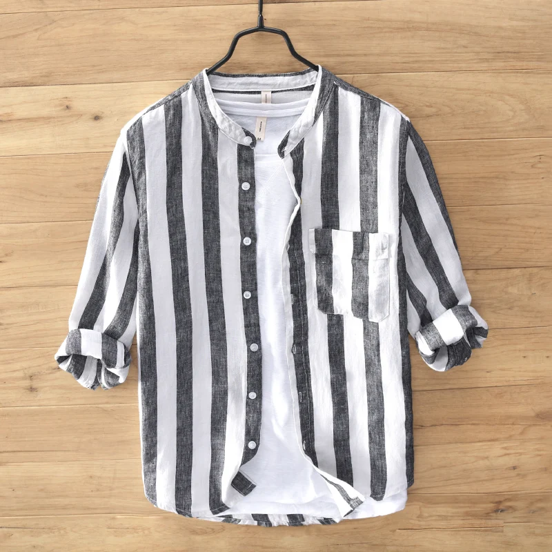 

Fashion Streetwear Men Shirts Summer Three Quarter Sleeve Linen Shirts Men Stand Collar Casual Leisure Stripe Shirt Hombre