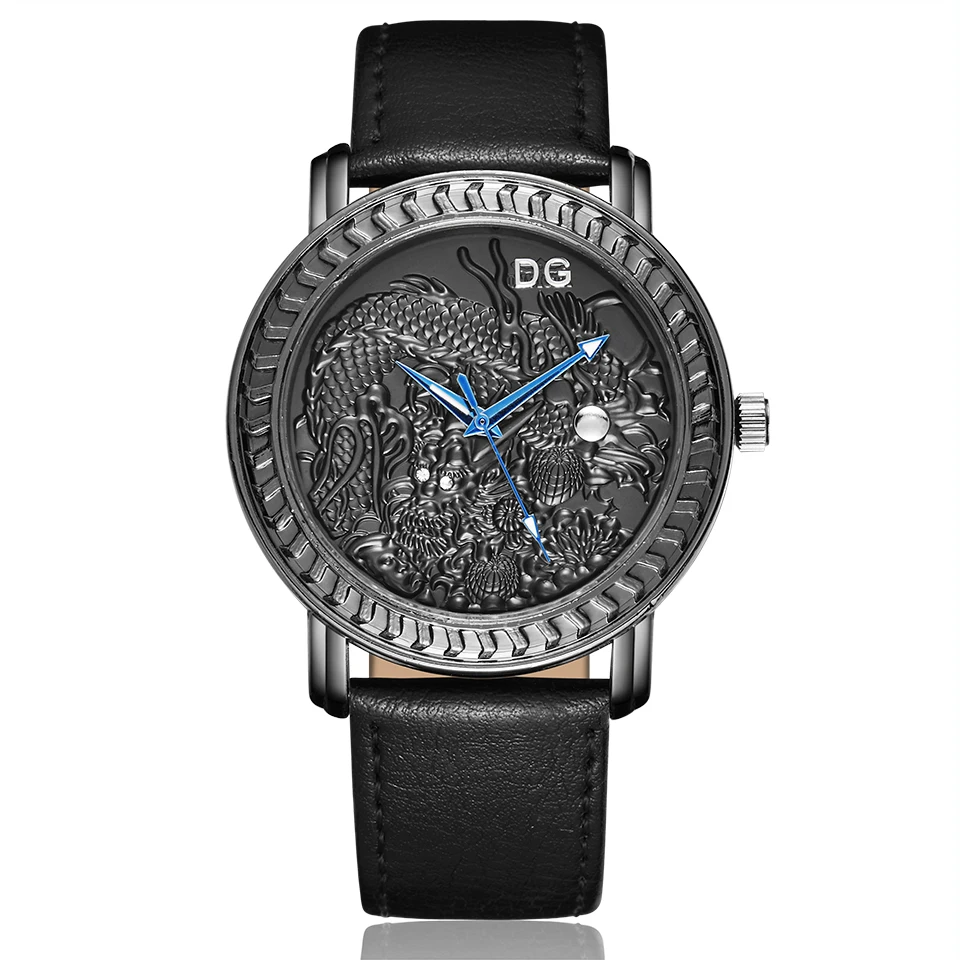 

Casual Men Watches Top Brand Luxury Sliver Black Gold Dial Laser Engraved Dragon Leather Quartz Retro Man Wrist Watch Male Clock