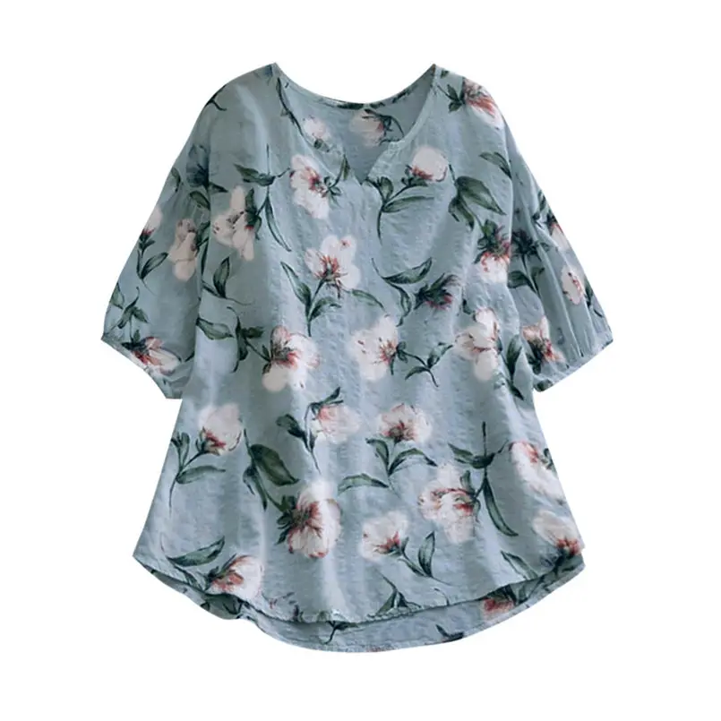 New Women Summer Casual Plus Size Shirt V Neck Half Sleeve Linen Vintage Boho Floral Print Elegant Fashion Loose Top Tops #4R03 (4)