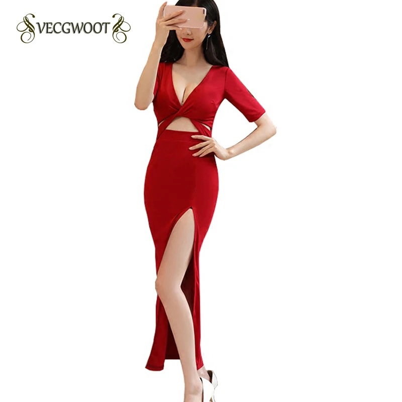Sexy Deep V neck Topless Dress Dress Red Car Models Clothing Host Banquet Long Dress