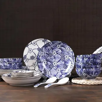 

LanLan 22Pcs/Set Round Shape Sakura Pattern Ceramic Tableware Set for Kitchen Dining Room