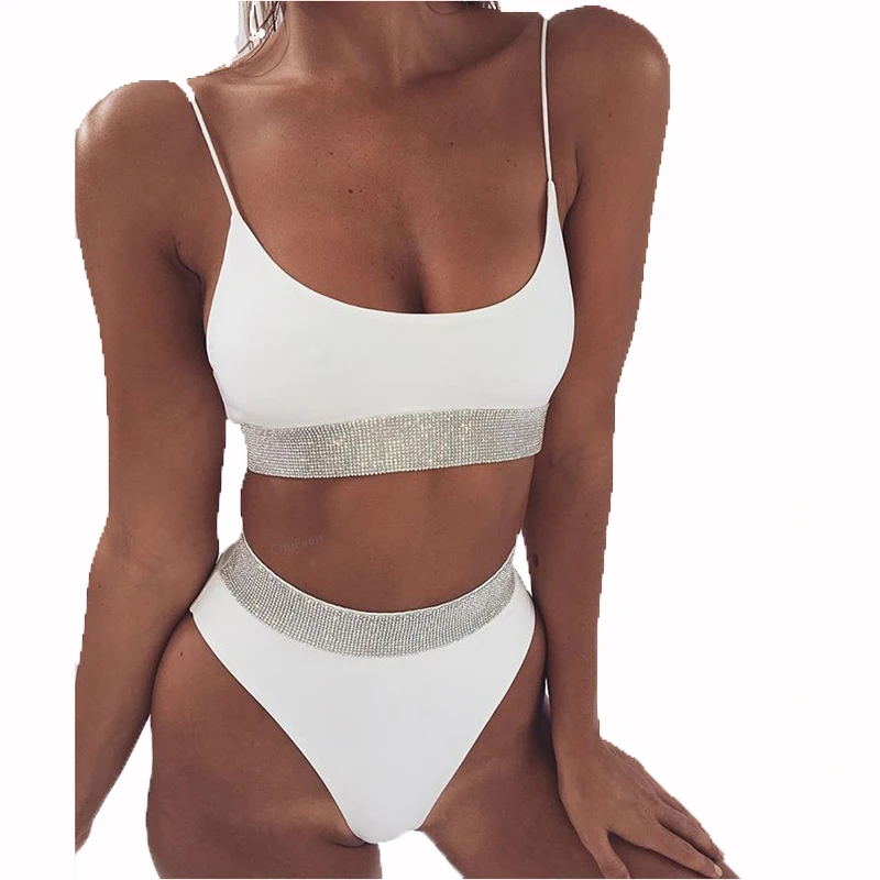 

High Waist Women Bikini Set Bright Reflective Stripes Swimwear Swimsuit Biquini Female Swimming Bathing Suit Swim Wear New 2019
