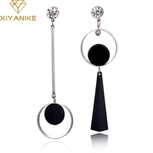 XIYANIKE Korean Fashion Geometric Long Asymmetry Earring Rhinestone Circle Ear Stud New Acrylic Big Earrings Bijoux