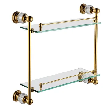 

Free shipping gold Finish BATHROOM ACCESSORIES CRYSTAL DOUBLE BATHROOM GLASS SHELVES