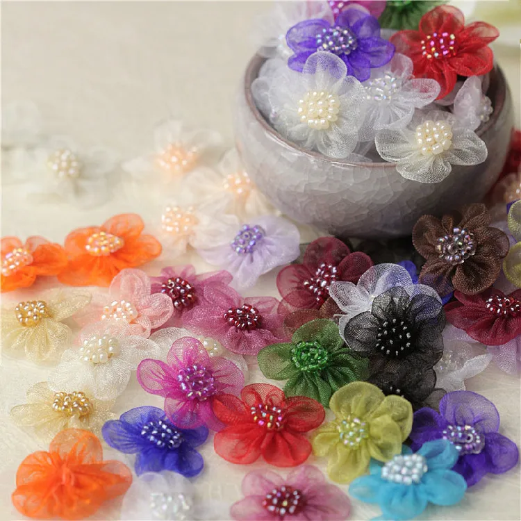 purple satin jewel flower 4.5cm kids glue on Sew on Applique Motif Patch trim