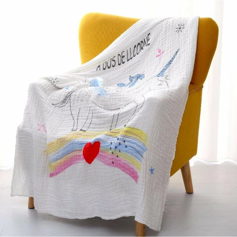 Lange bebe coton bio baby wrap s 120*150 см, Радужное детское одеяло с единорогом, одеяло для новорожденных, муслиновое Пеленальное Одеяло, Марлевое детское одеяло для кровати