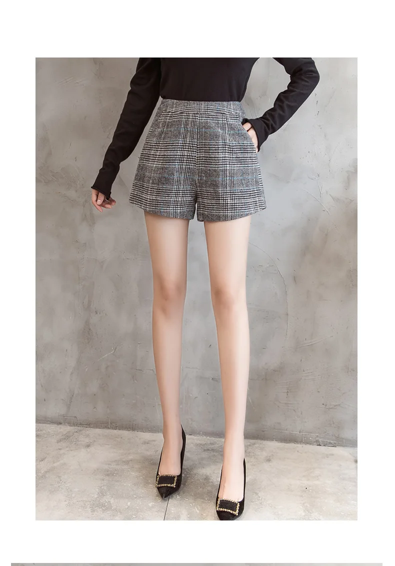 Vintage Plaid Shorts Women High Waist Shorts Fashion Pockets Straight Short Pants Autumn Winter Casual Slim Fit Wool Short