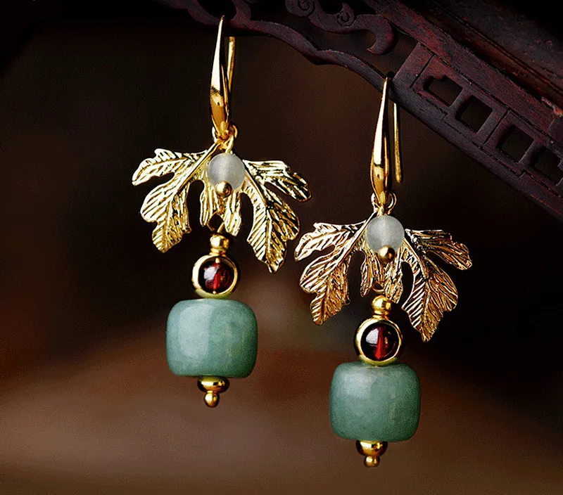 Yanting Vintage Earrings For Women Ethnic Earrings Female Gold Color Leaf Earings Fashion Jewelry Aventurine Stone Earring 032 (6)