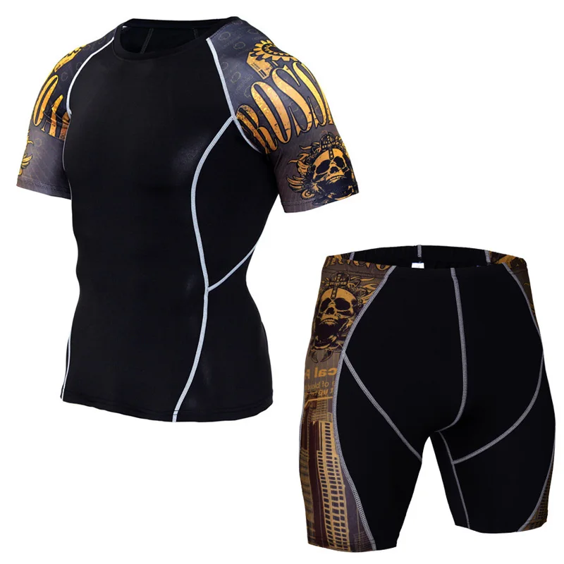 

2 Piece Short Sets Skull Prined Men's Sports Costumes Compression Training Suit For Male Gym Clothing Sportsuit Summer 2019