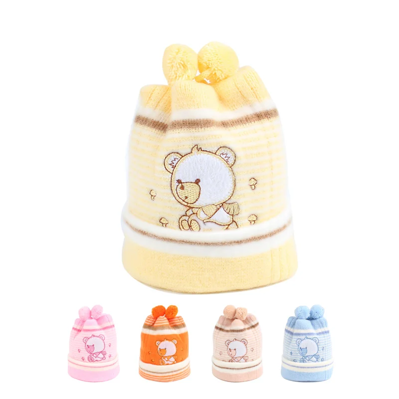 Медведь зимние шапки для новорожденных детска вязаня Шапочка-бини хлопок Мягкий Corchet узор шапка теплая новорожденный Помпон шляпы детские
