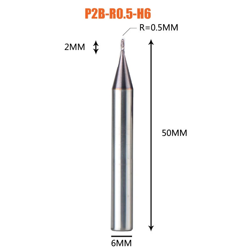 1 шт. торцевая фреза с шариковым концом 2 флейты R0.5-R6.0 фрезерный станок с ЧПУ для обработки металлических граней и пазов hrc50 концевые фрезы с покрытием - Длина режущей кромки: 1PC-P2B-R0.5