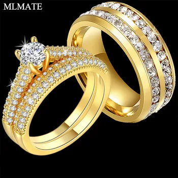 

Luxury Cubic Zirconia Jewelry Gold Silver Color Engagement Wedding Ring Set for 2pcs Women or 1pcs Men Ring