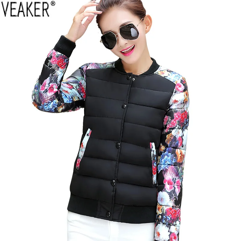 

2018 Autumn Women Floral Bomber Jackets Flower Print Short Down Jackets Coat Female Slim Fit Round Collar Zipper Outerwear
