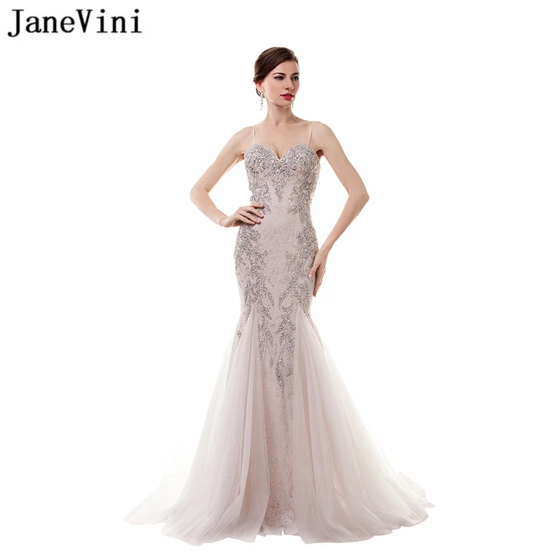 

JaneVini 2018 Sexy Mermaid Bridesmaid Dresses Sweep Train Spaghetti Straps Crystal Beads Backless Lace Long Prom Gowns Damigelle