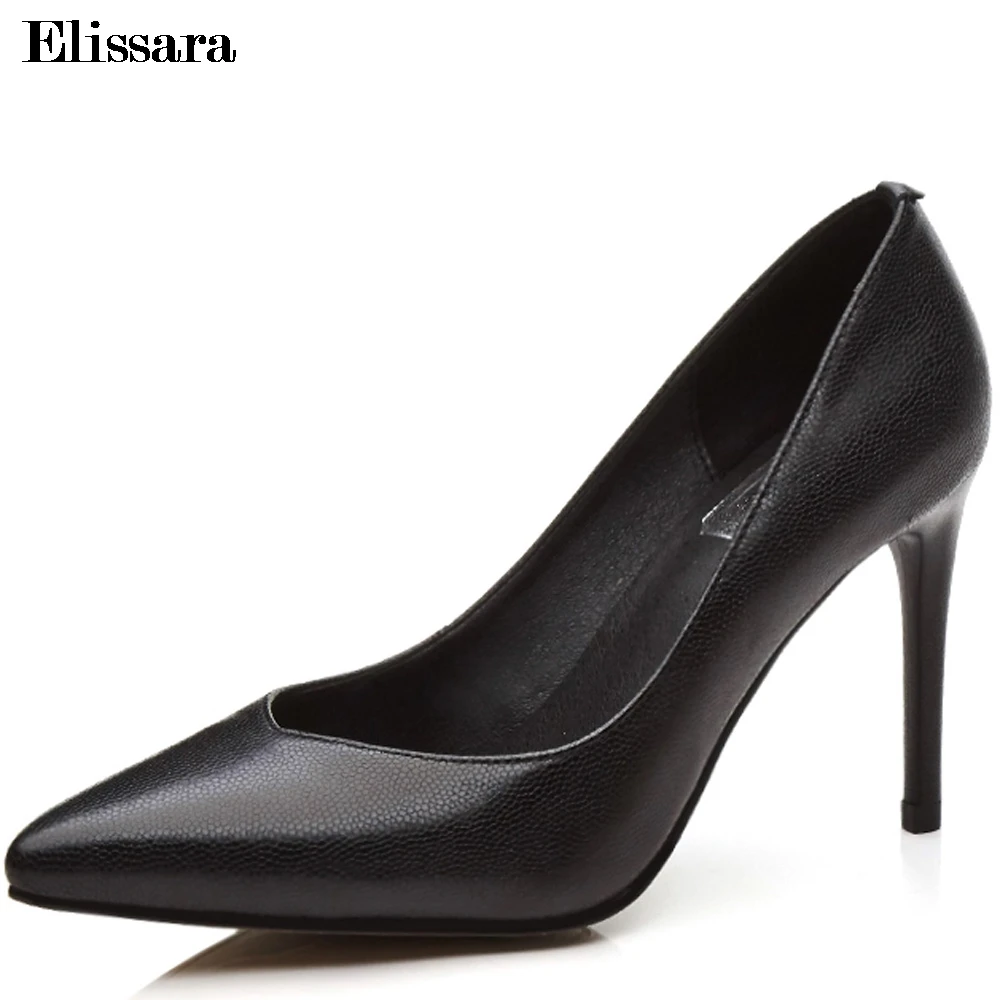 

Women Genuine Leather Shoes Woman Sexy High Heels Pointed Toe Slip on Shallow Dress Pumps Shoes Plus Size 34-42 Elissara