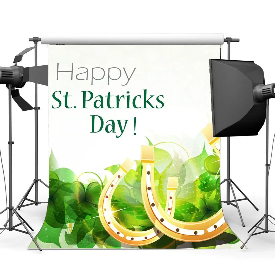 

Lucky Irish Shamrock Backdrop Happy St. Patrick's Day Green Four-leaf Clover Horseshoe Bokeh Glitter Background