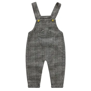 

New Girls Boys Cotton Overalls Knitting Plaid Jumpsuit Casual Kids Baby Overalls Trousers Cute Pocket Cuffs Long Pants for Girls