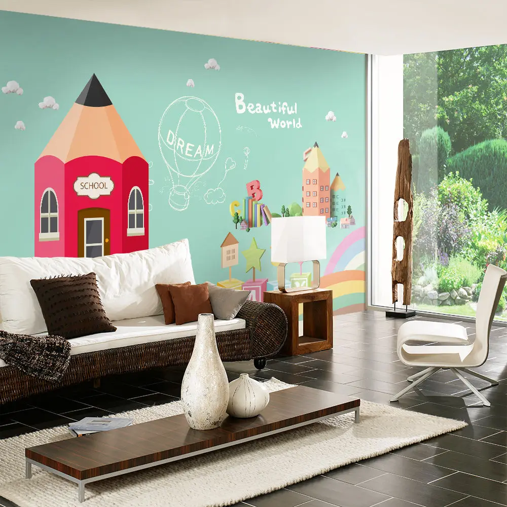 Custom wallpaper children's room cartoon pencil castle background wall painting - high-grade waterproof material Custom wallpaper children's room cartoon pencil castle background wall painting - high-grade waterproof material