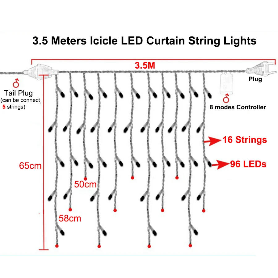 3,5 м 96 Светодиодный s Icicle струнный светильник s 8 режимов Романтический светодиодный светильник для занавесок Праздничная Свадебная гирлянда вечерние Сказочный светильник