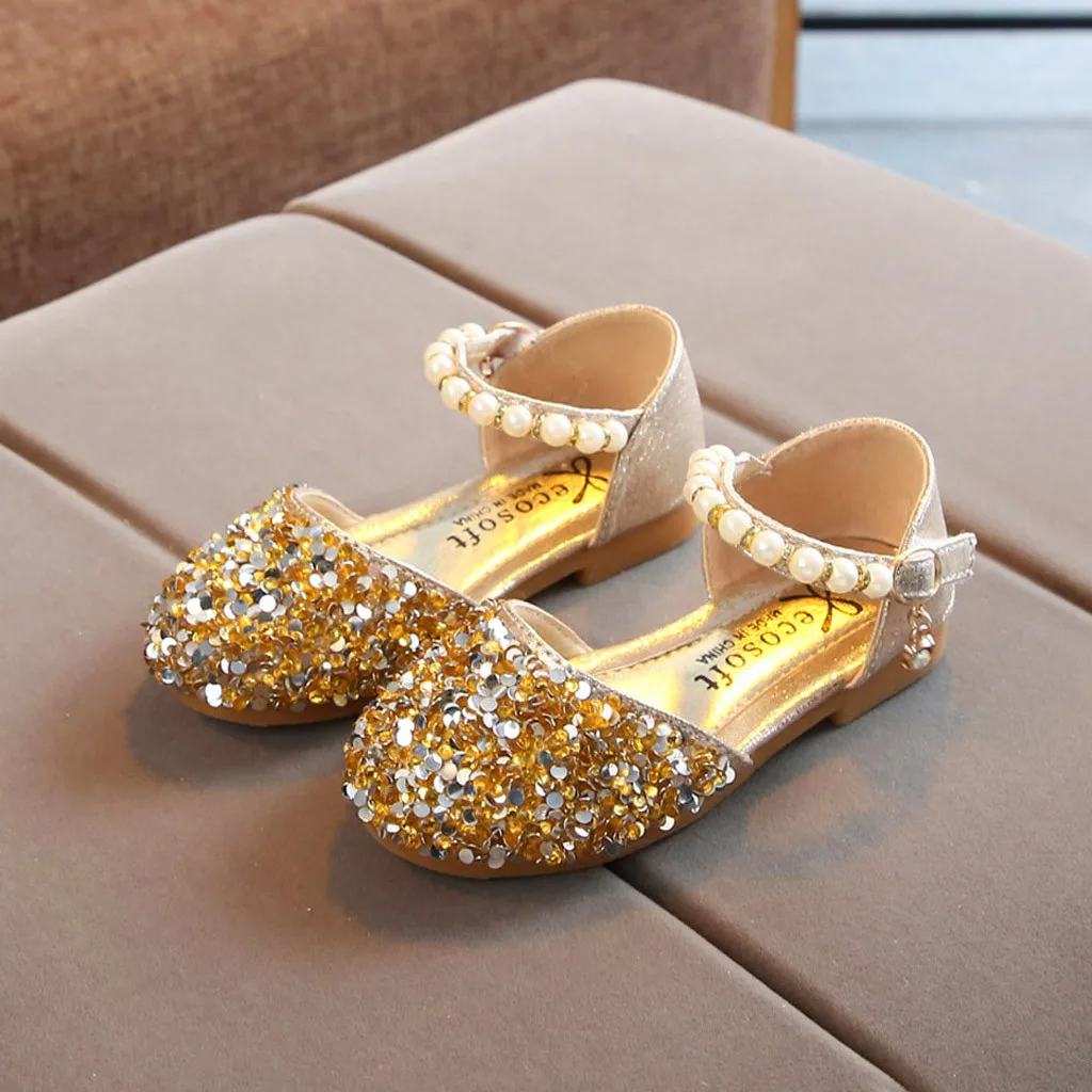 

Children Kids Shoes Girls Casual Fashion Sandals Pearl Bling Sequins Single Shoe Solid Single Dance Hook&Loop Princess Shoes