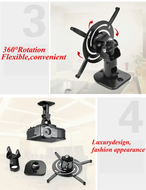 Multifunction 360 Degrees Rotatable Universal Roof Ceiling Mount Black Aluminum Wall Bracket Suit For LED LCD DLP Projector