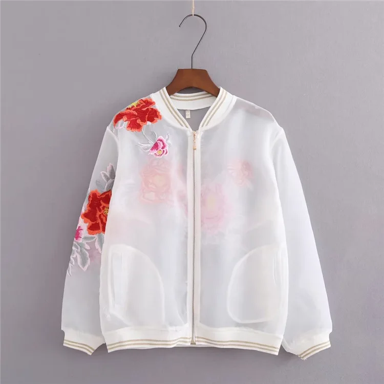 2018 autumn Women White Flower Jacket See Through Sexy Outwear Coat Lady Casual Embroidery Baseball Jackets Tops Coats