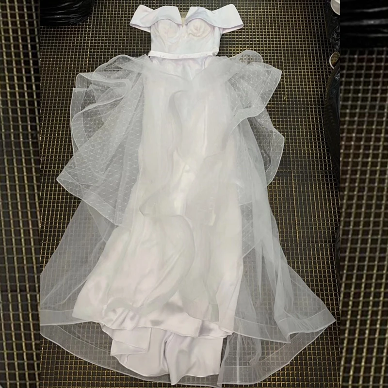 Новые Для женщин элегантные белые два 2 шт. сетчатые Meramid модное однотонное детское платье с открытыми плечами вечернее платье знаменитости Вечерние платья
