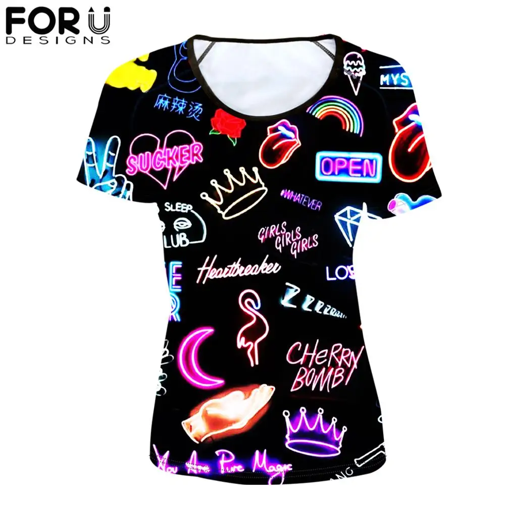 

FORUDESIGNS Rock Music Printing T-Shirt for Women Colorful Hip Hop Summer Cool Short Sleeve Tee Tops Female Casual Tshirt