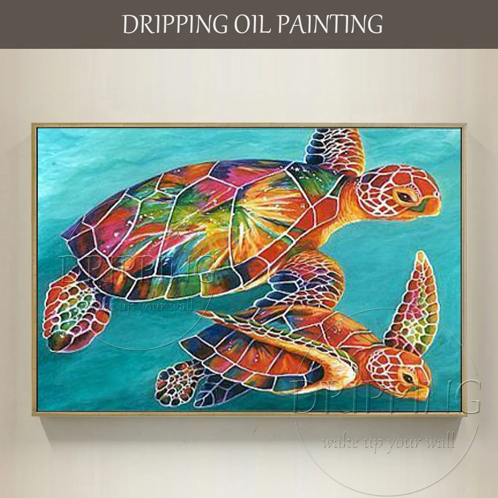 

Skilled Artist Hand-painted High Quality Sea Turtles Oil Painting on Linen Canvas Colorful Animal Turtles Swimming Oil Painting