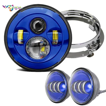 

WZJOO 7 Inch Round Led Headlight + Mounting Bracket Ring + 4.5" Passing Fog Light Blue Set For Moto